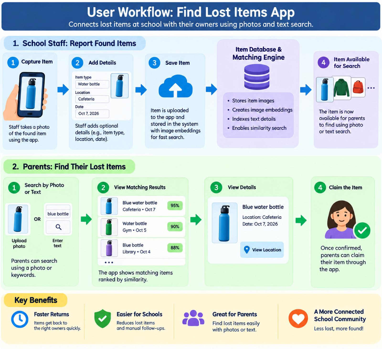 Diagram of the Voila workflow: staff capture, add details, save and index items; parents search by photo or text, view matches and details, then claim the item.